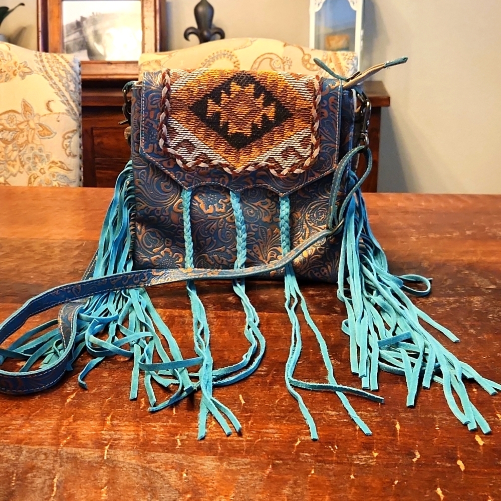 Myra turquoise and copper fringe crossbody bag